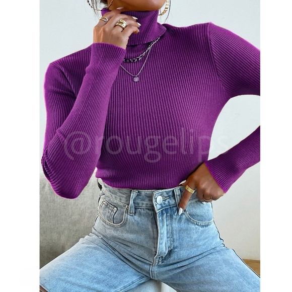 Purple Sweater Top Rib-Knit High Neck Turtleneck Long Sleeve - Picture 2 of 9